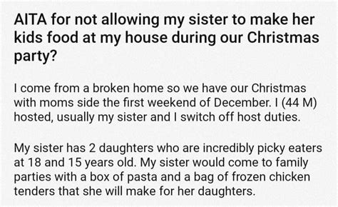 <strong>AITA</strong> for refusing to allow <strong>my sister and her daughter over to my house for Christmas as planned</strong> beca - YouTube Original post:. . Aita for not allowing my sister and her daughter over to my house for christmas as planned